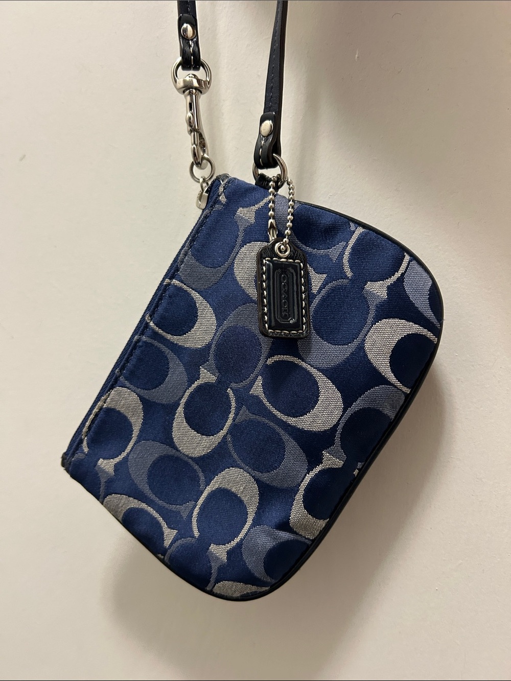 EUC Coach Signature Wristlet - blue with Black leather - clean